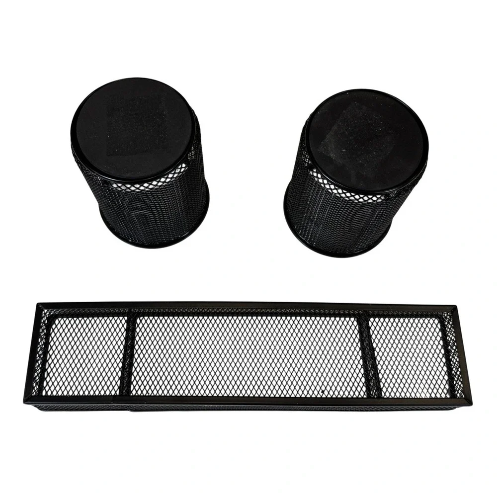 Black Wire Mesh Desk Organizer Set 3 Piece Pencil Cups and Divided Drawer Tray